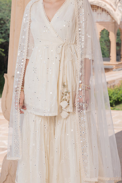Preevin Off White Bk All Over Embroidered Peplum Sharara With Dupatta indian designer wear online shopping melange singapore