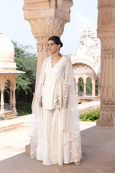 Preevin Off White Bk All Over Embroidered Peplum Sharara With Dupatta indian designer wear online shopping melange singapore