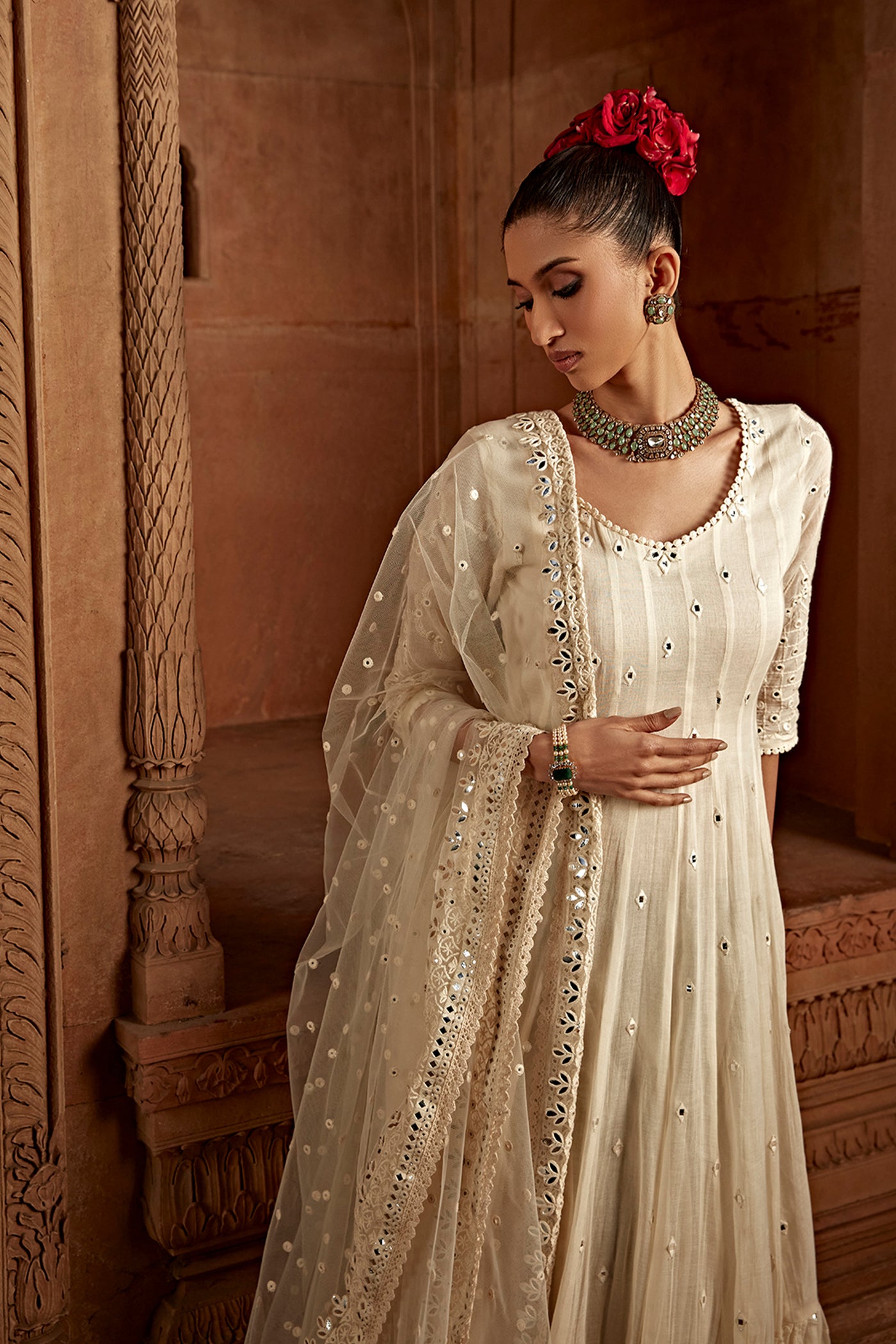 Preevin Off White Barfi Anarkali With Embroidered Dupatta indian designer wear online shopping melange singapore
