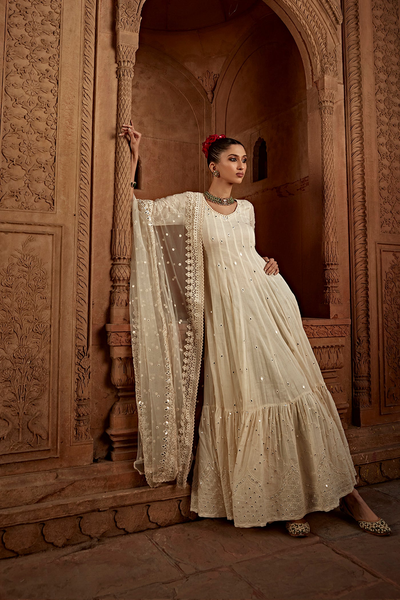Preevin Off White Barfi Anarkali With Embroidered Dupatta indian designer wear online shopping melange singapore