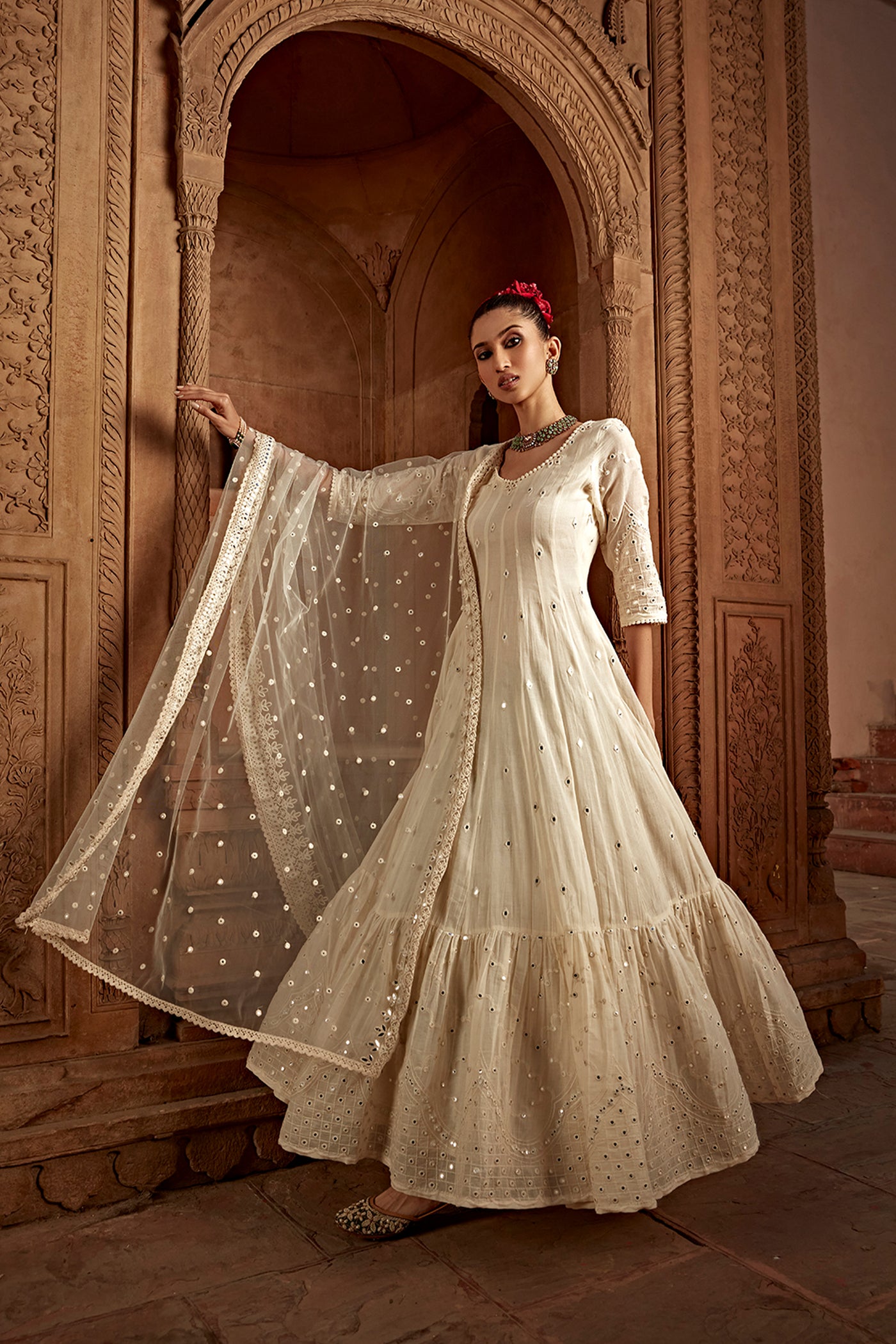 Preevin Off White Barfi Anarkali With Embroidered Dupatta indian designer wear online shopping melange singapore