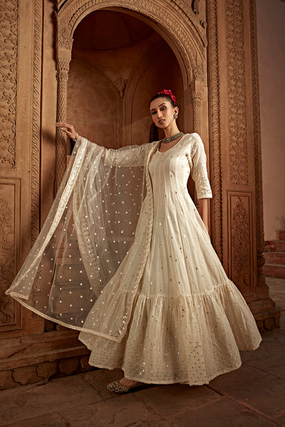 Preevin Off White Barfi Anarkali With Embroidered Dupatta indian designer wear online shopping melange singapore
