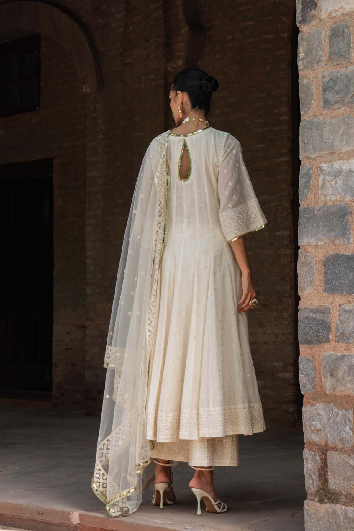 Preevin Off White Big Border Anarkali With Pants indian designer wear online shopping melange singapore 