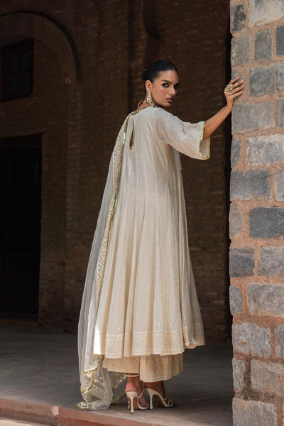 Preevin Off White Big Border Anarkali With Pants indian designer wear online shopping melange singapore 