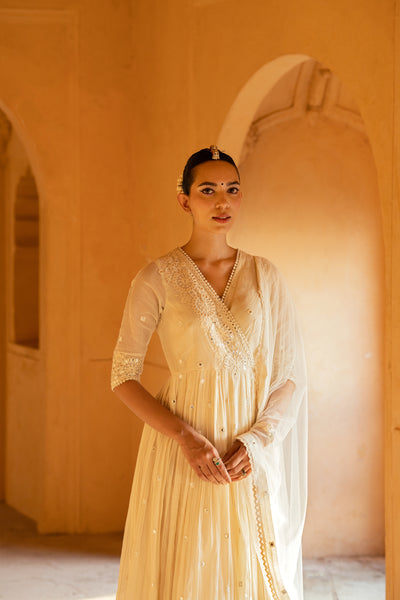 Preevin Off White Circle Angrakha indian designer wear online shopping melange singapore