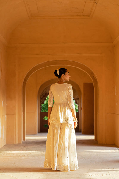 Preevin Off White Circle Peplum Sharara indian designer wear online shopping melange singapore