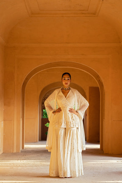 Preevin Off White Circle Peplum Sharara indian designer wear online shopping melange singapore