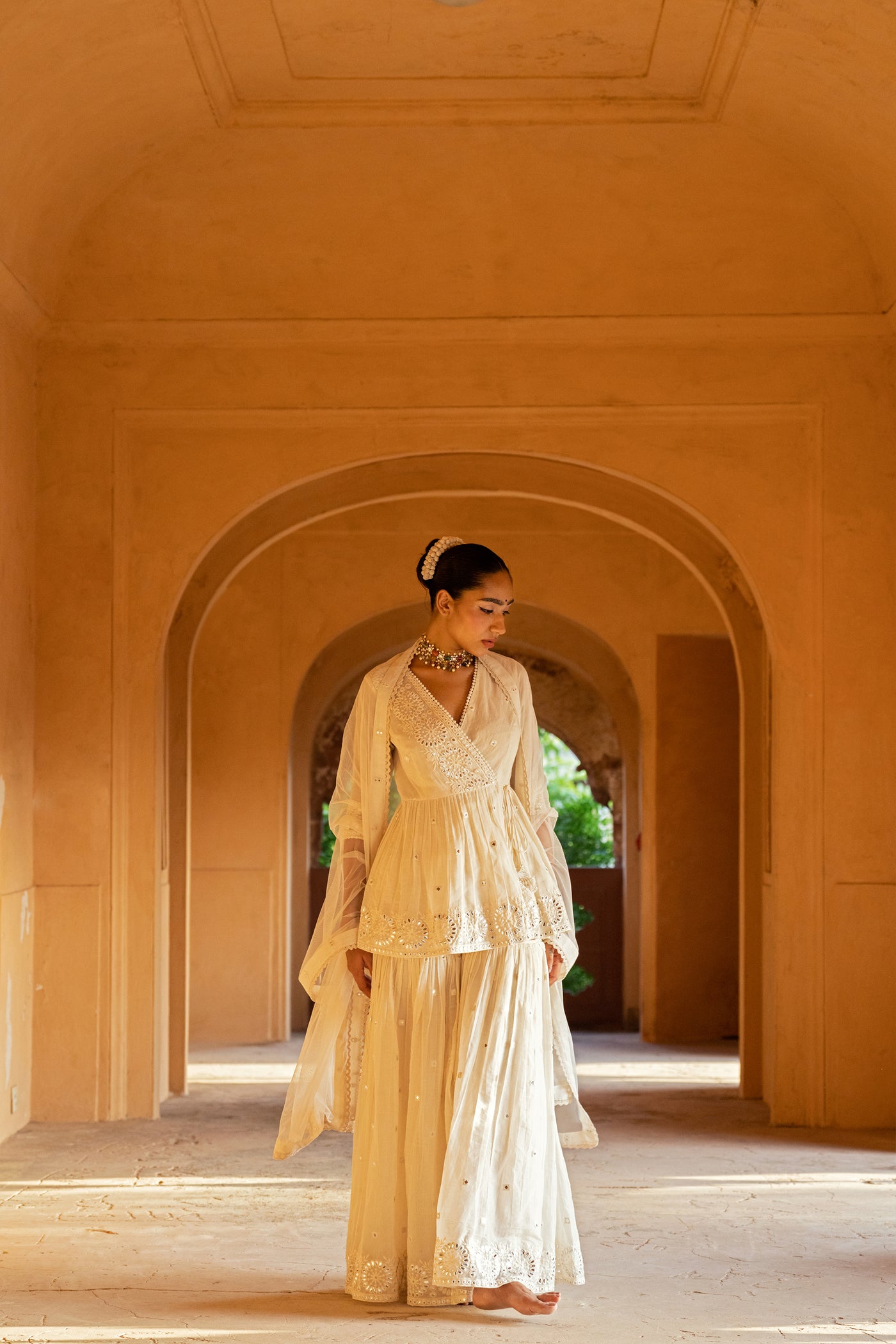 Preevin Off White Circle Peplum Sharara indian designer wear online shopping melange singapore