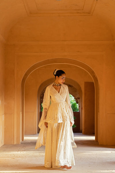 Preevin Off White Circle Peplum Sharara indian designer wear online shopping melange singapore