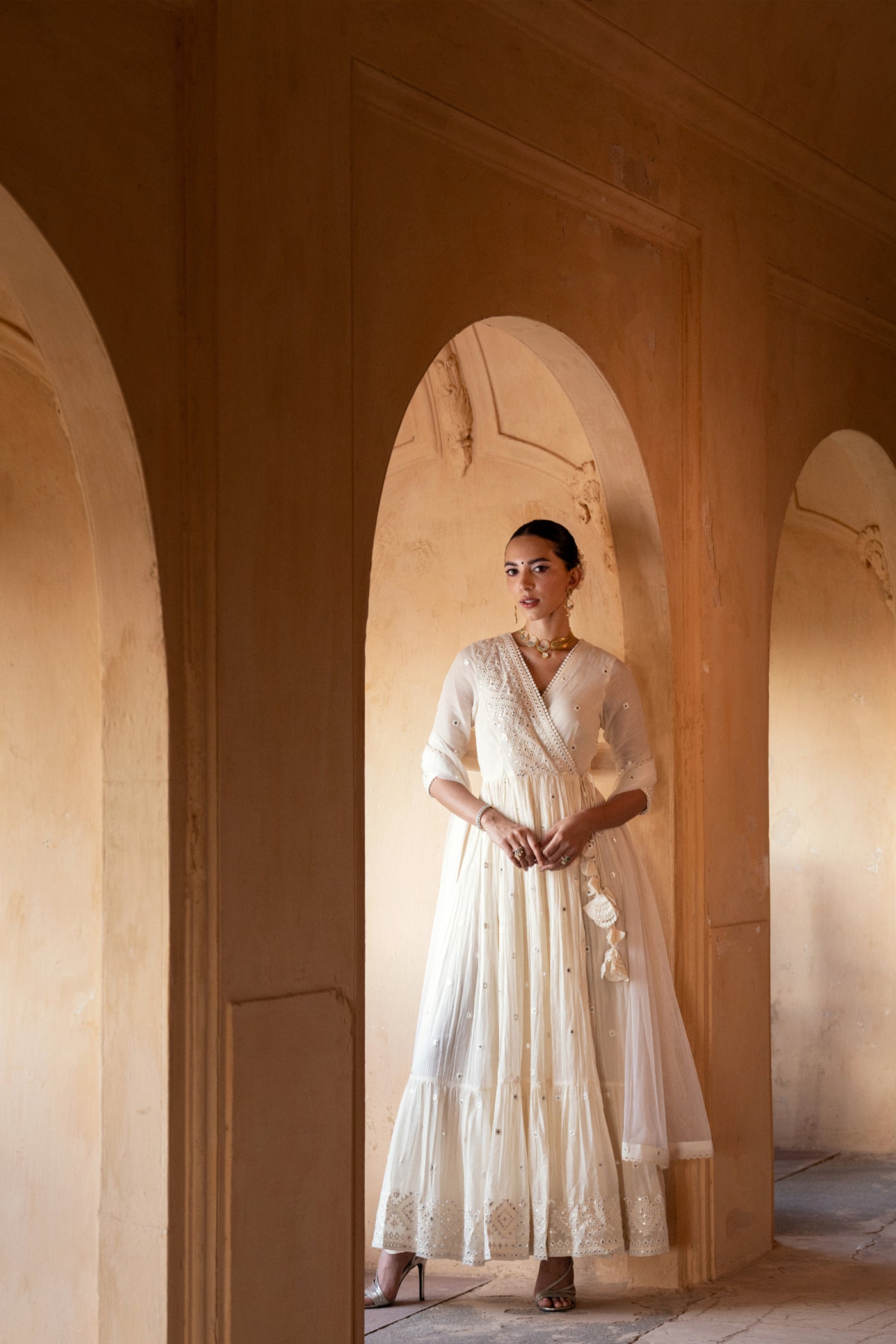 Preevin Off White Diamond Jacket With Anarkali indian designer wear online shopping melange singapore