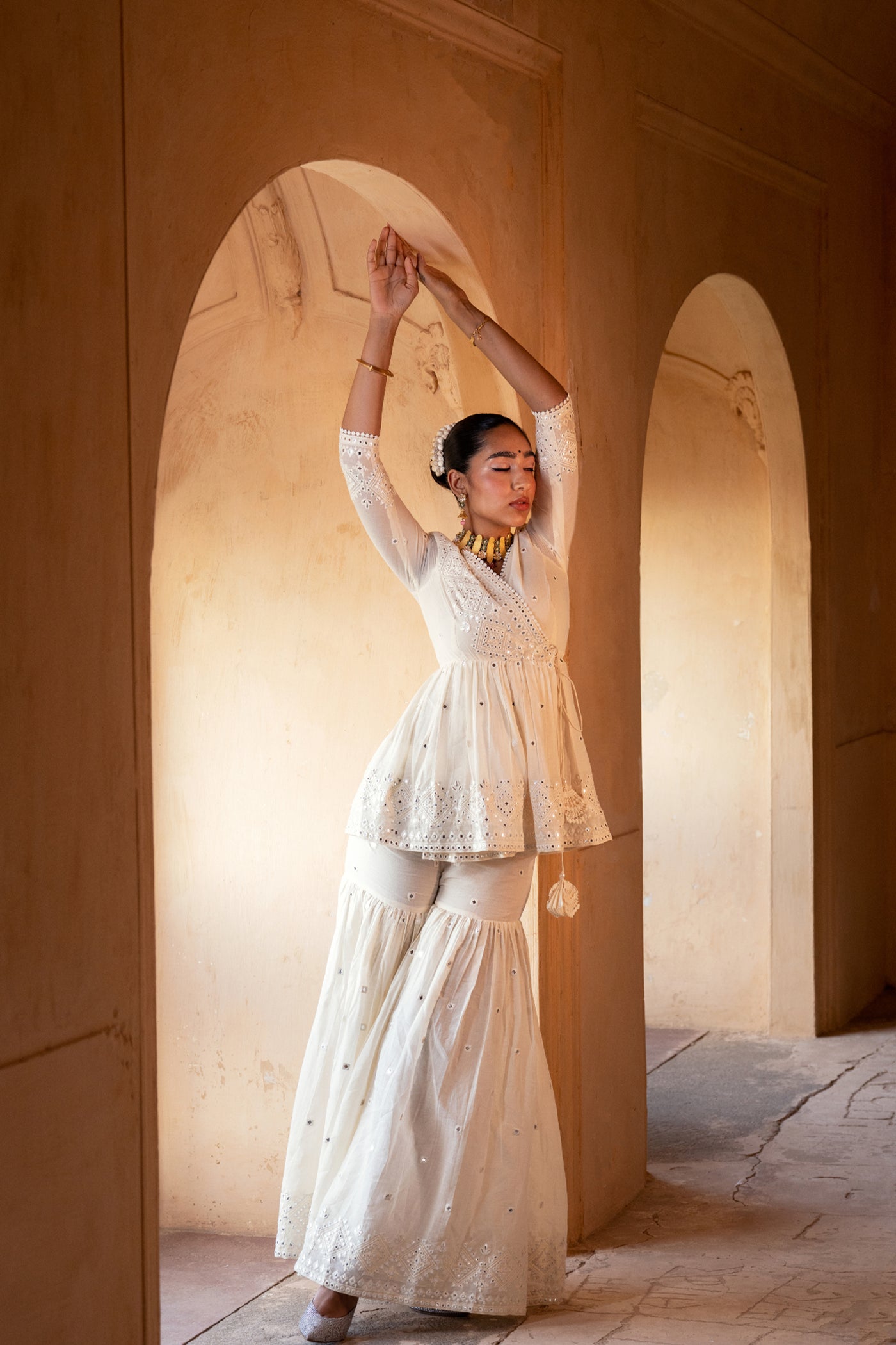 Preevin Off White Diamond Peplum Sharara indian designer wear online shopping melange singapore