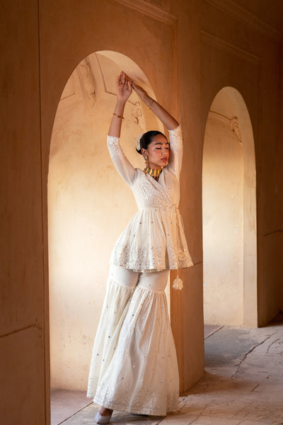 Preevin Off White Diamond Peplum Sharara indian designer wear online shopping melange singapore