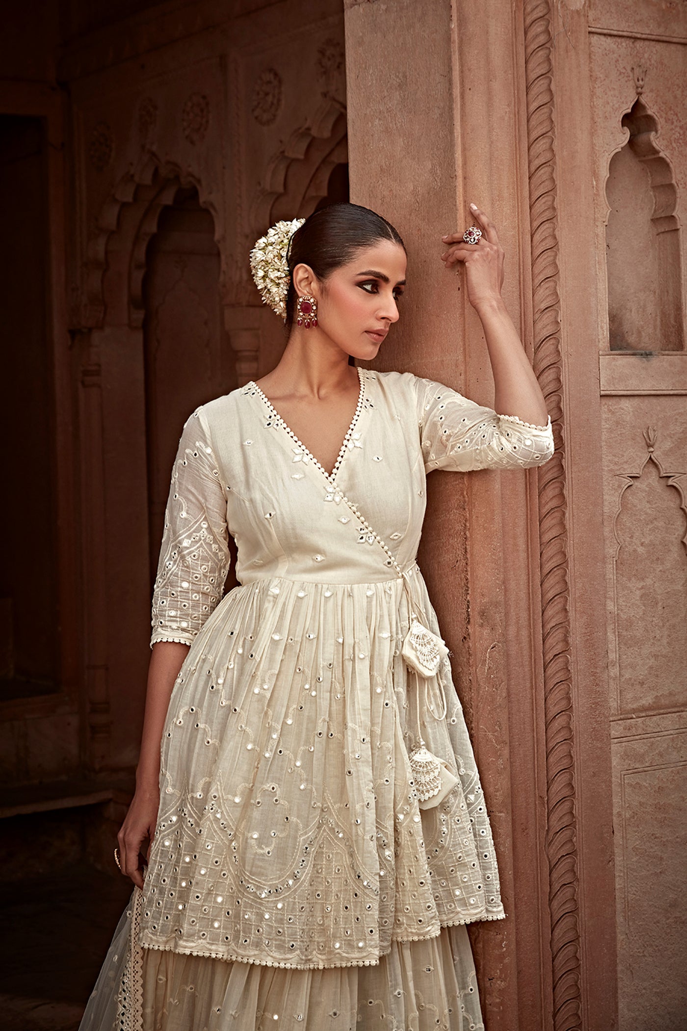 Preevin Off White Double Layer All Over Barfi Embroidered Angrakha indian designer wear online shopping melange singapore