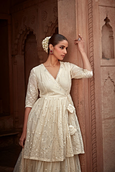 Preevin Off White Double Layer All Over Barfi Embroidered Angrakha indian designer wear online shopping melange singapore