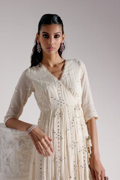 Preevin Off White Flower Angrakha with Embroidered Dupatta indian designer wear online shopping melange singapore