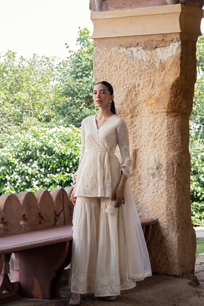 Preevin Off White Flower Peplum Sharara indian designer wear online shopping melange singapore