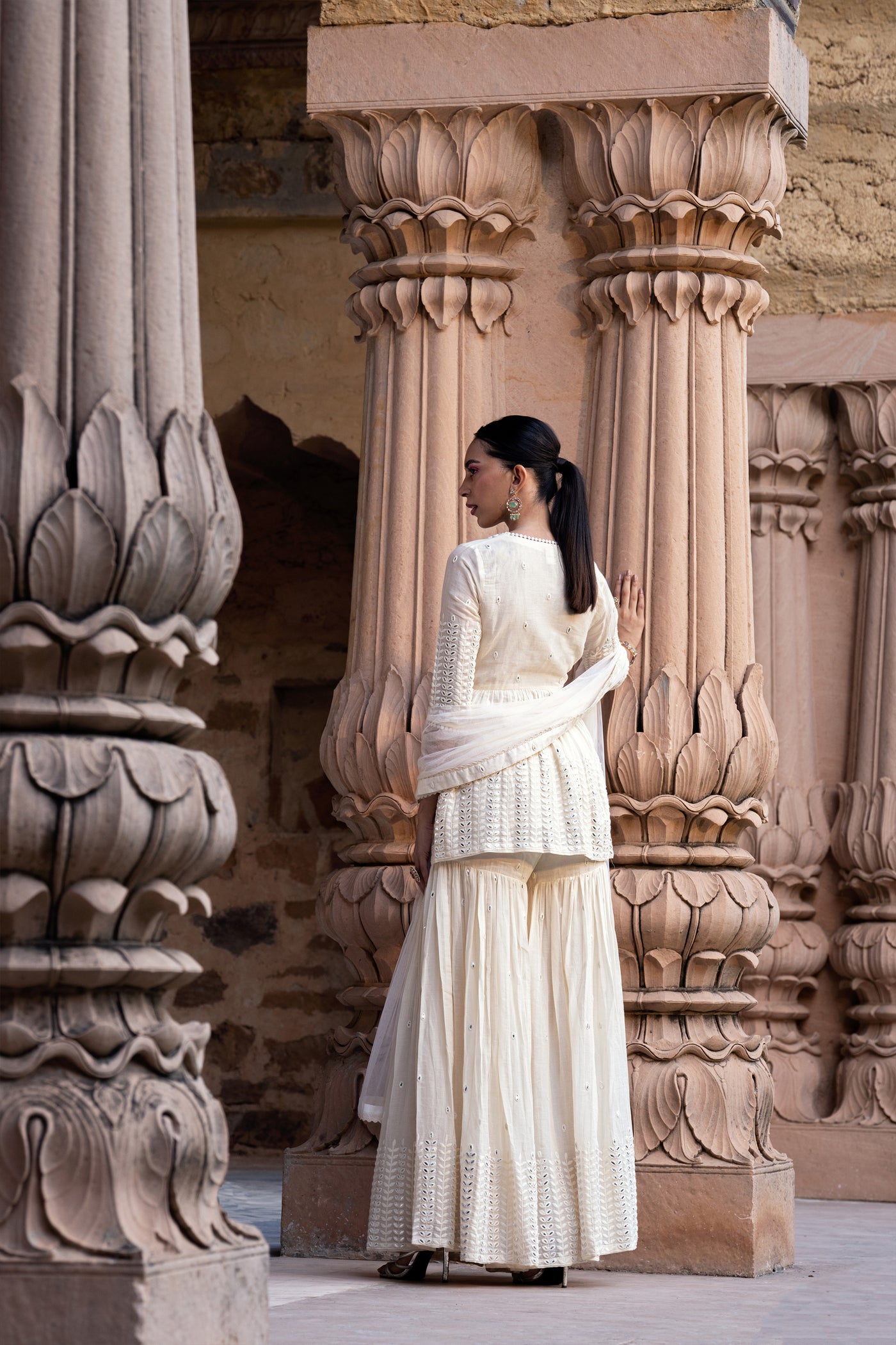 Preevin Off White Leaf Peplum Sharara indian designer wear online shopping melange singapore