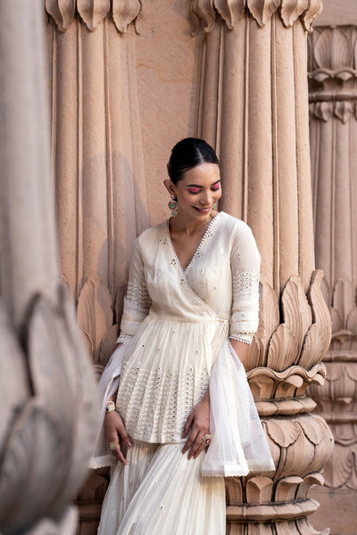 Preevin Off White Leaf Peplum Sharara indian designer wear online shopping melange singapore