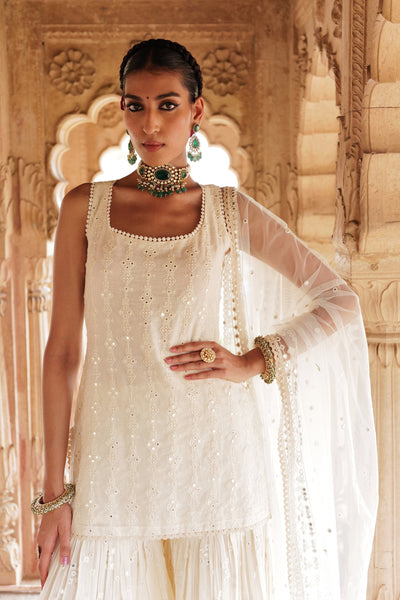 Preevin Off White Sk Bk All Over Embroidered Straight Sharara With Dupatta indian designer wear online shopping melange singapore