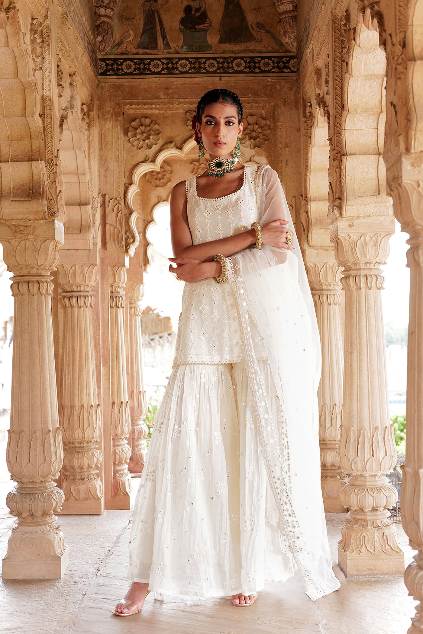Preevin Off White Sk Bk All Over Embroidered Straight Sharara With Dupatta indian designer wear online shopping melange singapore