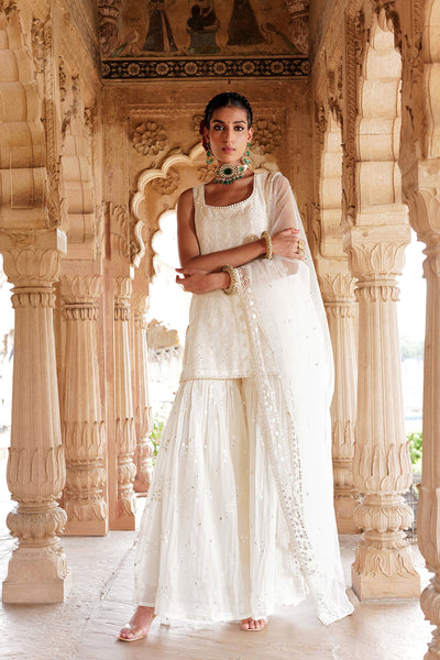 Preevin Off White Sk Bk All Over Embroidered Straight Sharara With Dupatta indian designer wear online shopping melange singapore