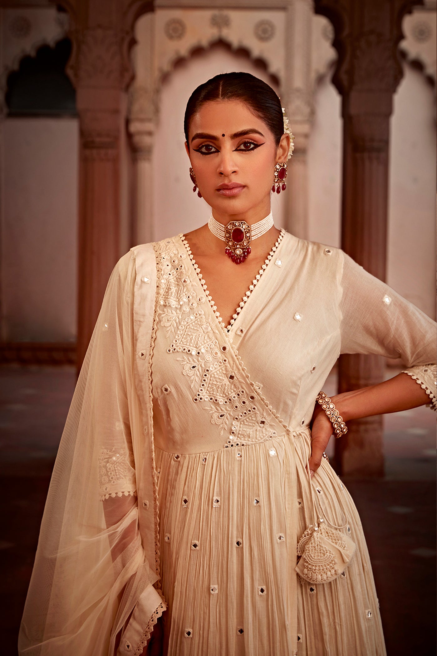 Preevin Off White Temple Angrakha indian designer wear online shopping melange singapore