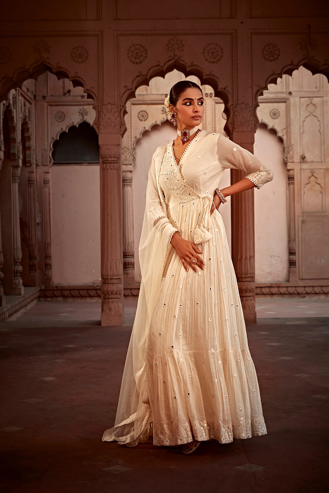 Preevin Off White Temple Angrakha indian designer wear online shopping melange singapore