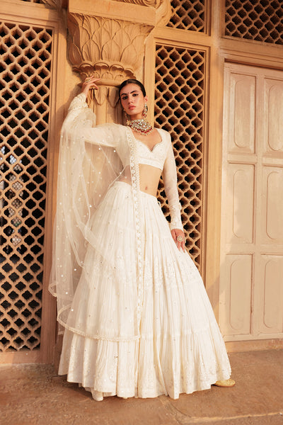 Preevin Off White Tower Lehenga With Embroidered Dupatta indian designer wear online shopping melange singapore