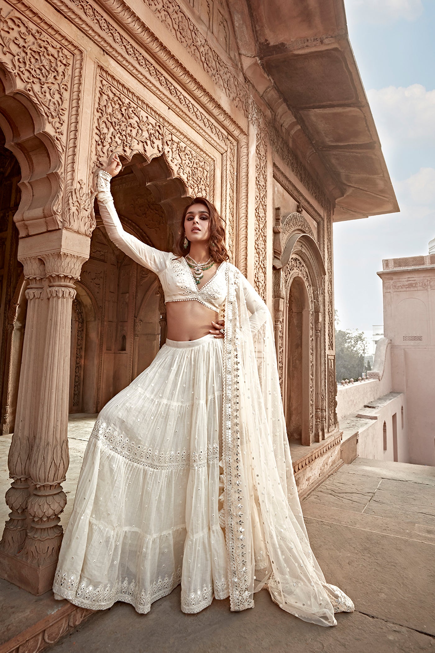 Preevin Off White Triangle Lehenga With Embroidered Dupatta indian designer wear online shopping melange singapore