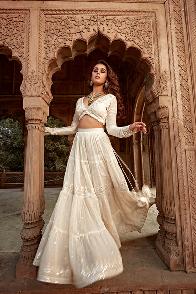 Preevin Off White Triangle Lehenga With Embroidered Dupatta indian designer wear online shopping melange singapore