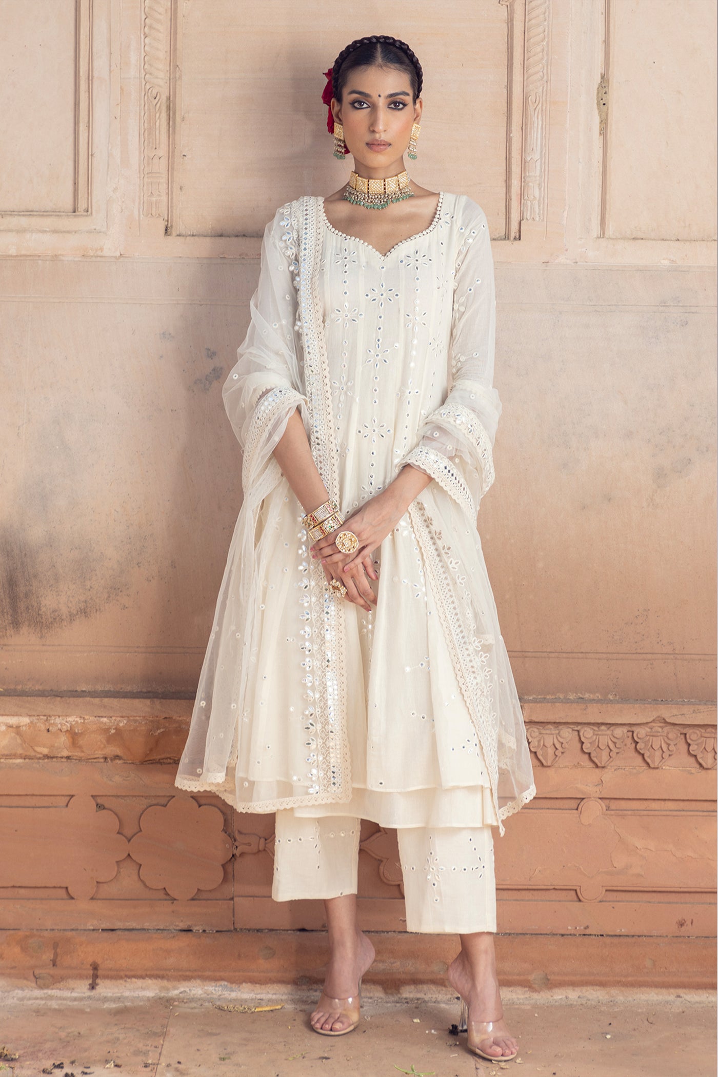 Preevin Off White Big Flower Anarkali With Dupatta indian designer wear online shopping melange singapore
