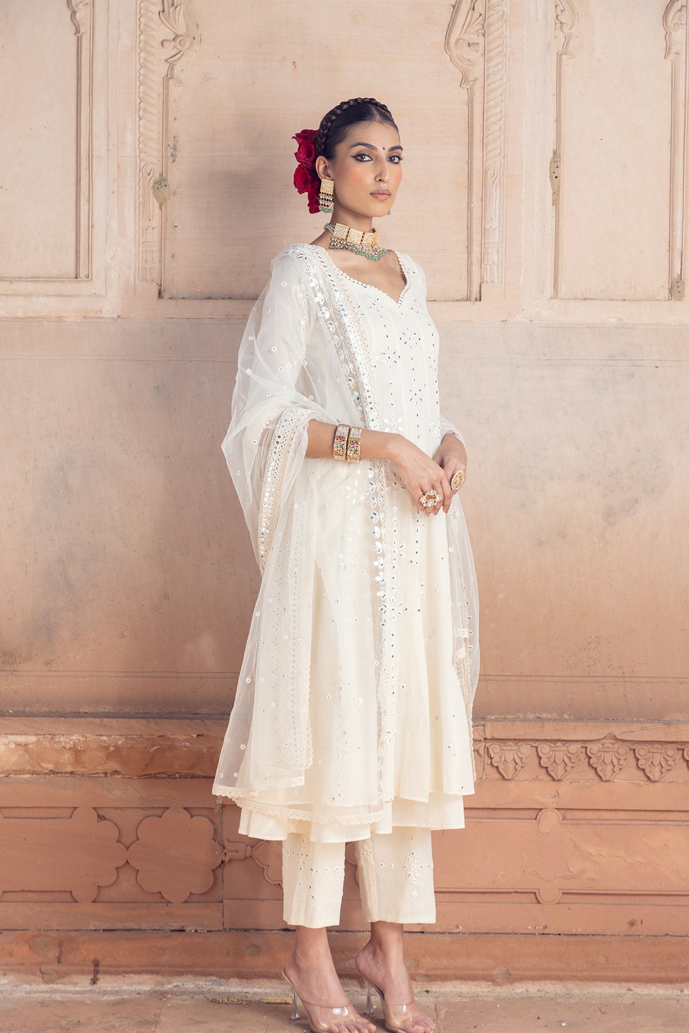 Preevin Off White Big Flower Anarkali With Dupatta indian designer wear online shopping melange singapore