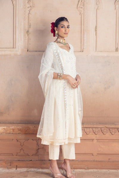 Preevin Off White Big Flower Anarkali With Dupatta indian designer wear online shopping melange singapore