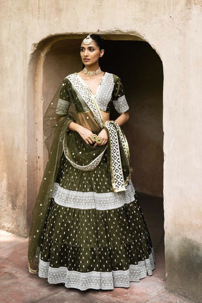 Preevin Olive Big Border Lehenga With Embroidered Dupatta indian designer wear online shopping melange singapore 