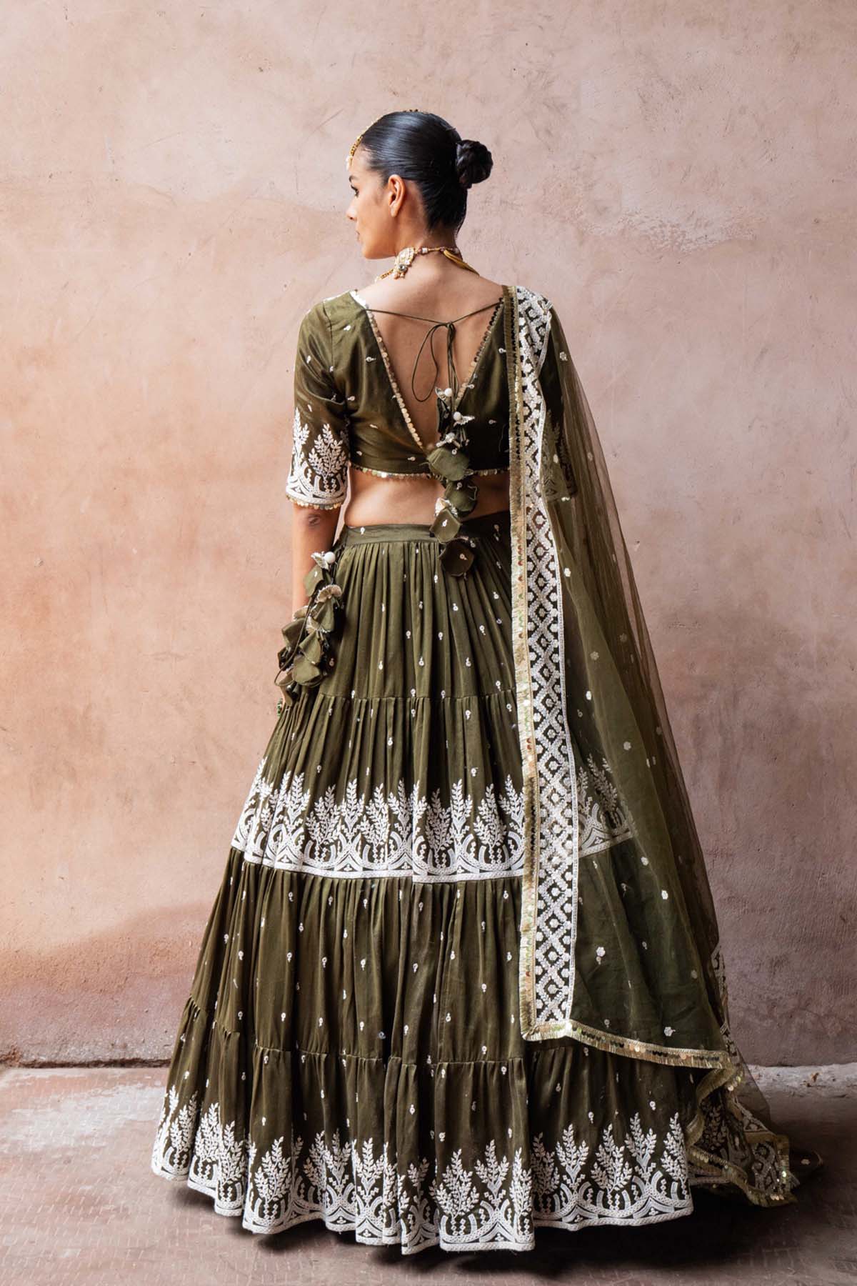 Preevin Olive Forest Lehenga With Embroidered Dupatta indian designer wear online shopping melange singapore 