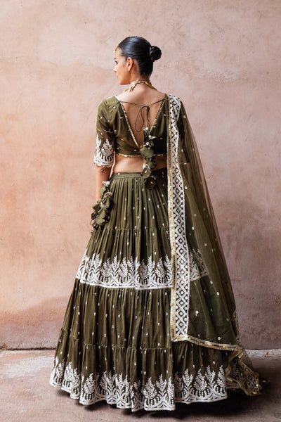 Preevin Olive Forest Lehenga With Embroidered Dupatta indian designer wear online shopping melange singapore 