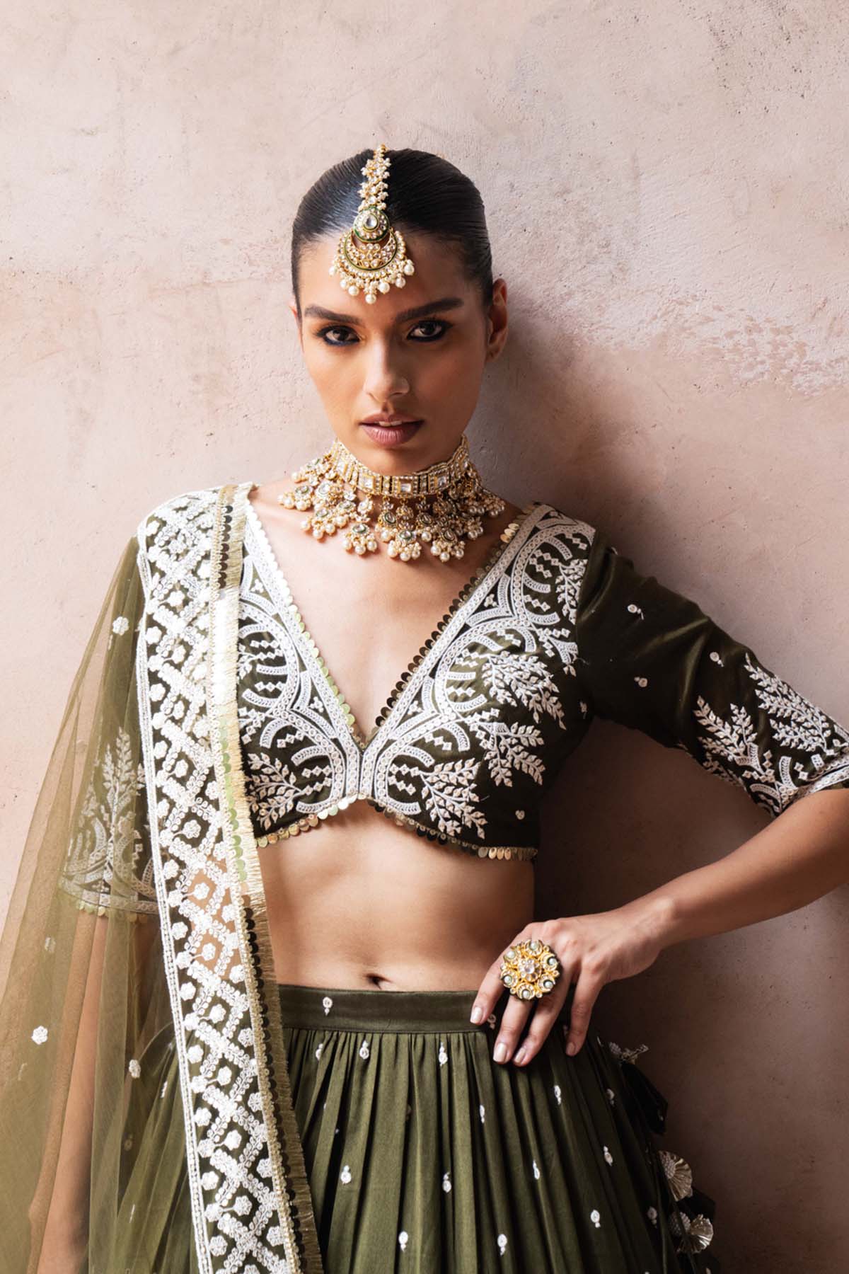 Preevin Olive Forest Lehenga With Embroidered Dupatta indian designer wear online shopping melange singapore 