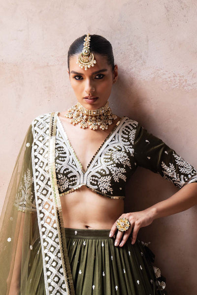 Preevin Olive Forest Lehenga With Embroidered Dupatta indian designer wear online shopping melange singapore 