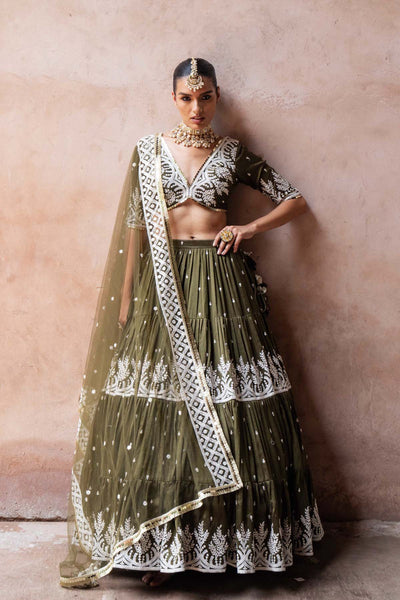Preevin Olive Forest Lehenga With Embroidered Dupatta indian designer wear online shopping melange singapore 