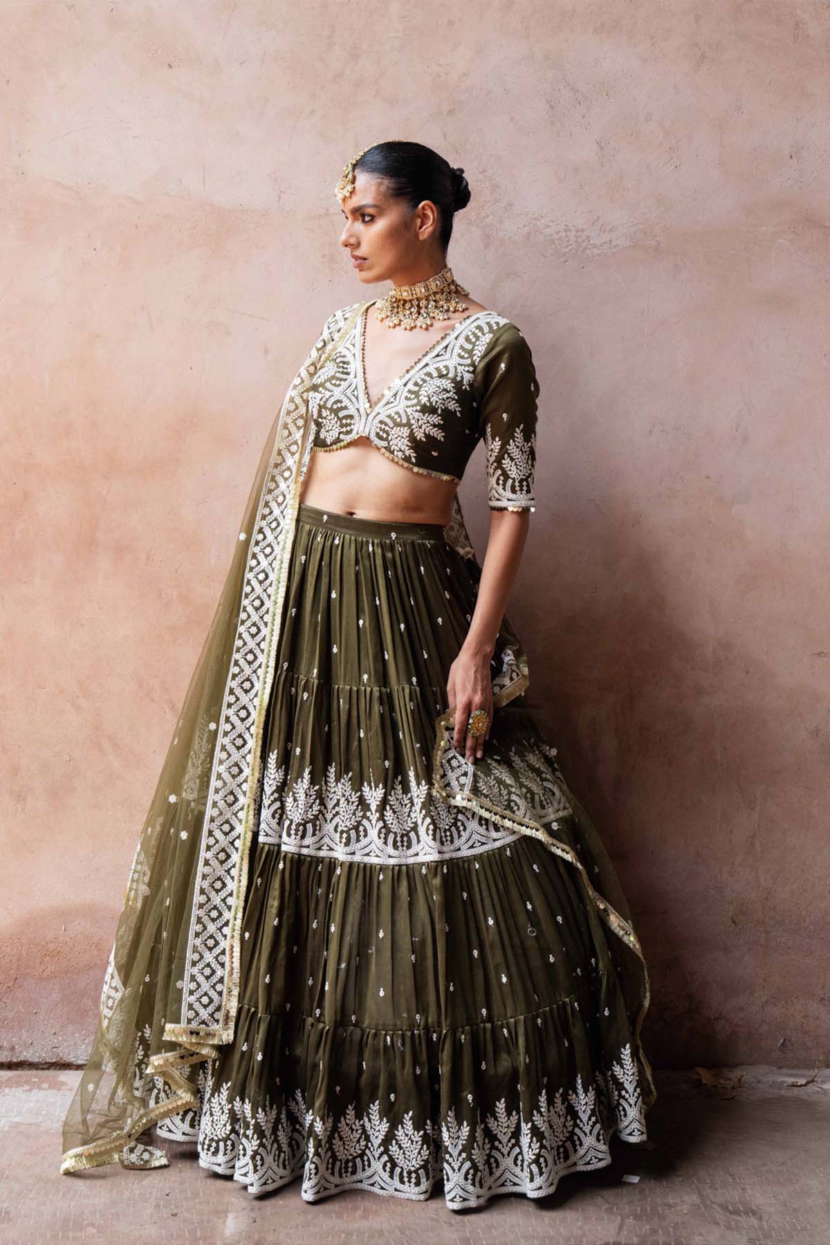 Preevin Olive Forest Lehenga With Embroidered Dupatta indian designer wear online shopping melange singapore 