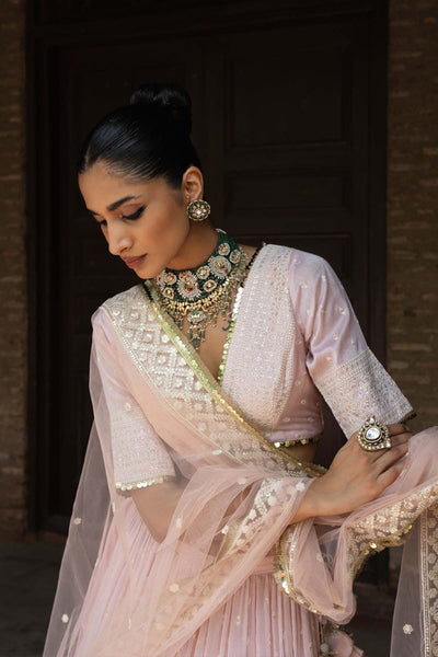 Preevin Onion Pink Big Border Lehenga With Embroidered Dupatta indian designer wear online shopping melange singapore 