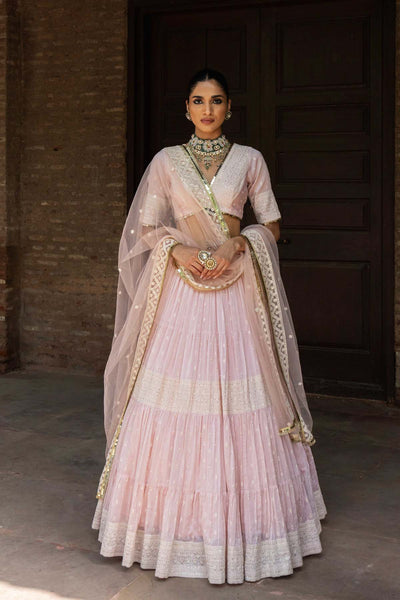 Preevin Onion Pink Big Border Lehenga With Embroidered Dupatta indian designer wear online shopping melange singapore 