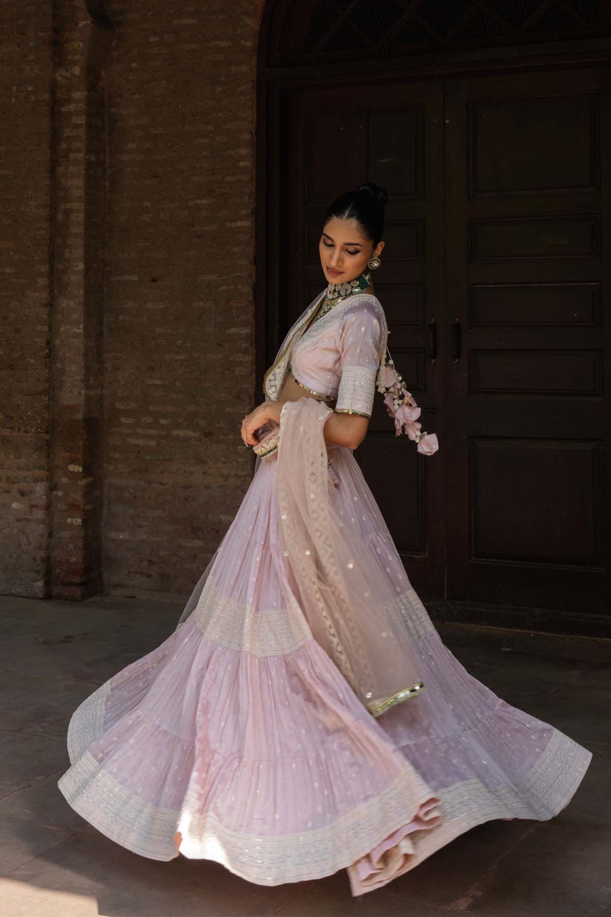 Preevin Onion Pink Big Border Lehenga With Embroidered Dupatta indian designer wear online shopping melange singapore 