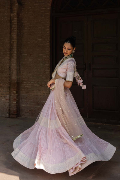 Preevin Onion Pink Big Border Lehenga With Embroidered Dupatta indian designer wear online shopping melange singapore 