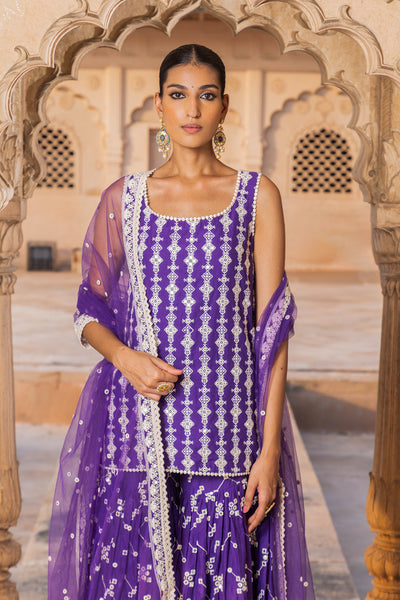 Preevin Purple Sk Bk All Over Embroidered Straight Sharara With Dupatta indian designer wear online shopping melange singapore