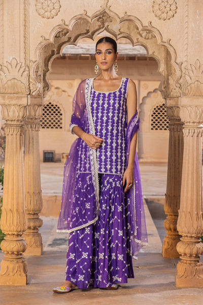 Preevin Purple Sk Bk All Over Embroidered Straight Sharara With Dupatta indian designer wear online shopping melange singapore