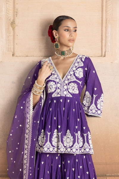 Preevin Purple All Over Embroidered Tower Peplum Sharara With Dupatta Front