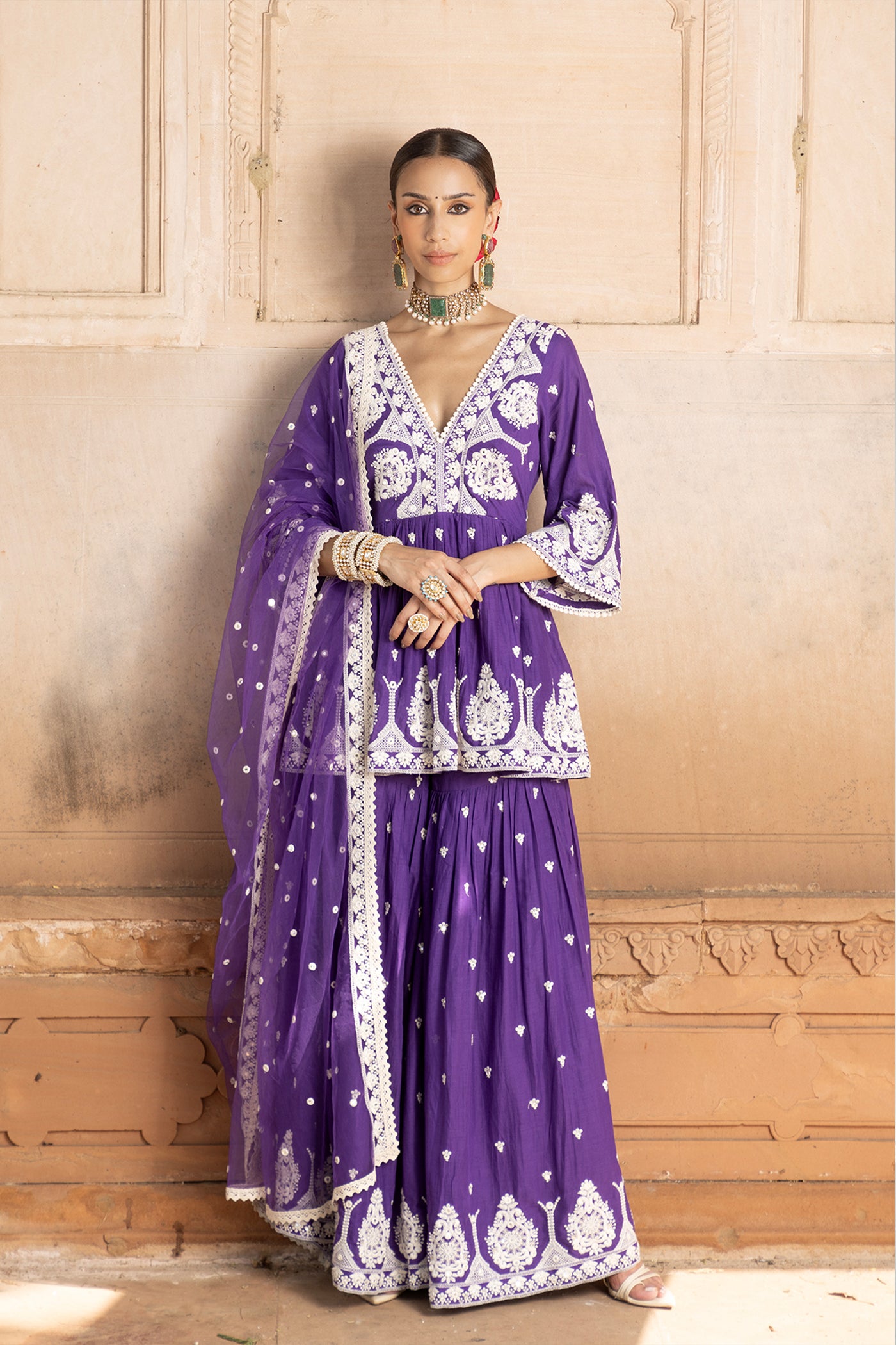 Preevin Purple All Over Embroidered Tower Peplum Sharara With Dupatta Front