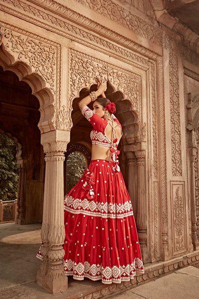 Preevin Red Diamond Lehenga with Embroidered Dupatta indian designer wear online shopping melange singapore