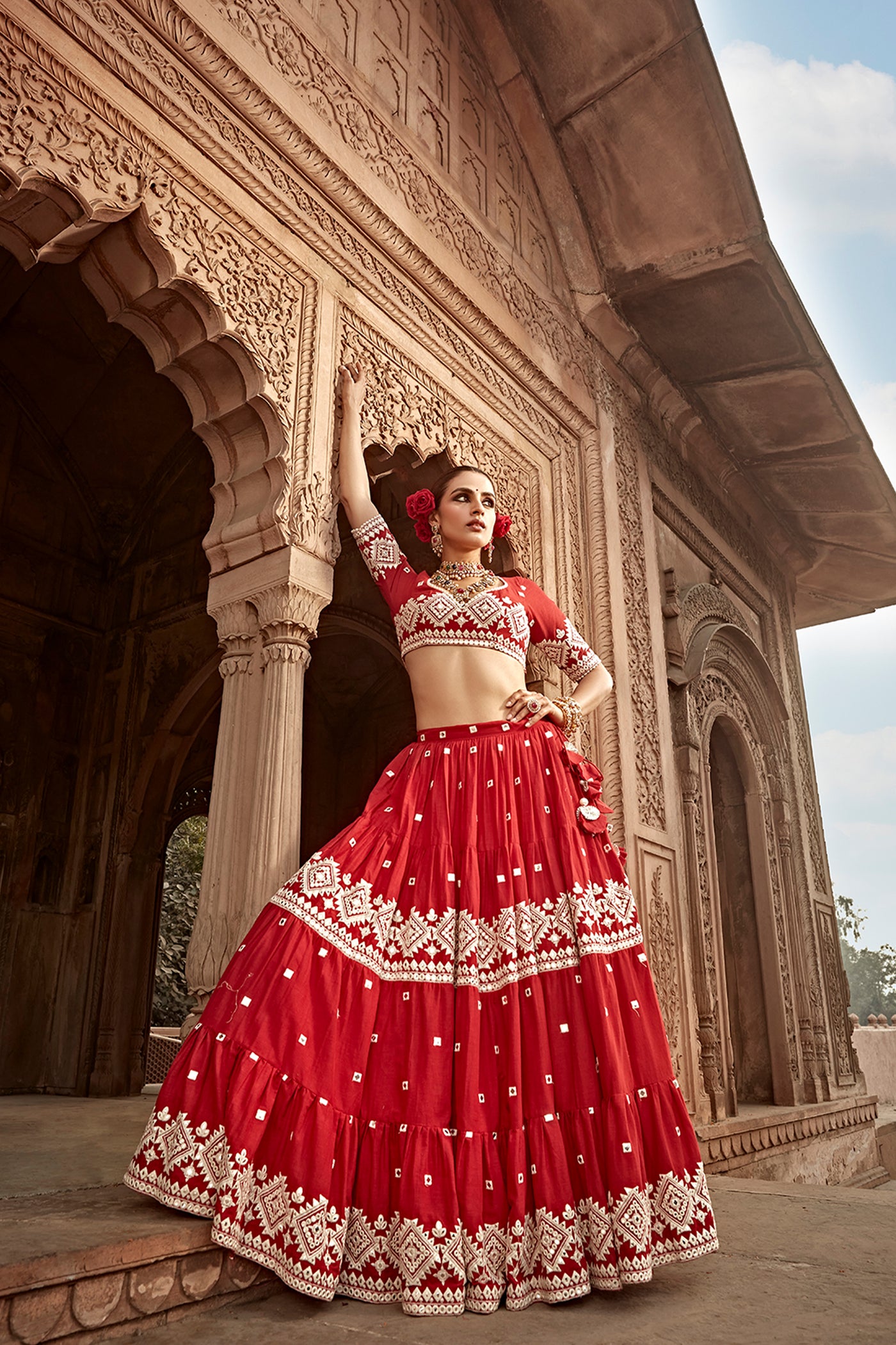 Preevin Red Diamond Lehenga with Embroidered Dupatta indian designer wear online shopping melange singapore